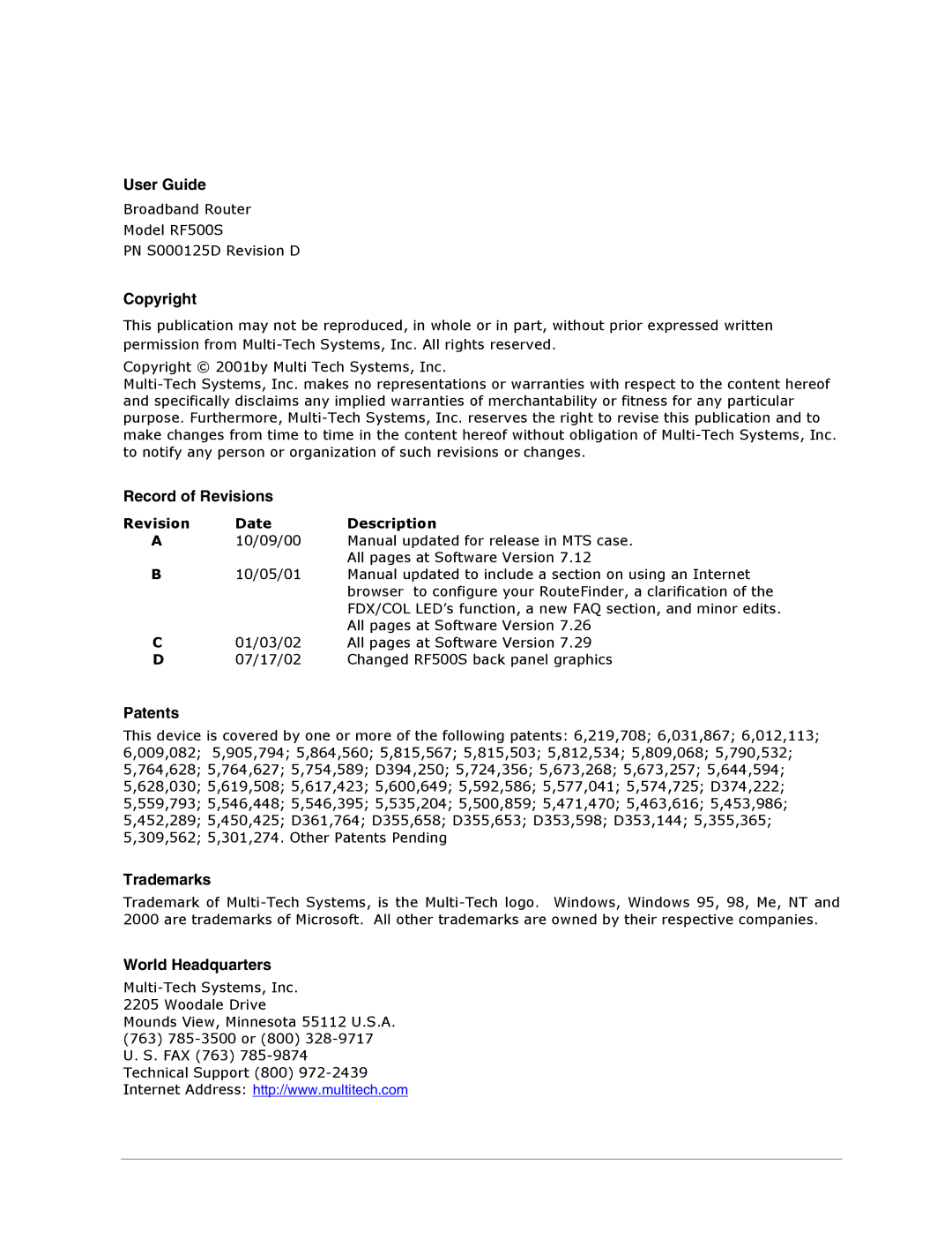 Multi-Tech Systems RF500S manual User Guide, Copyright, Record of Revisions, Patents, Trademarks, World Headquarters 