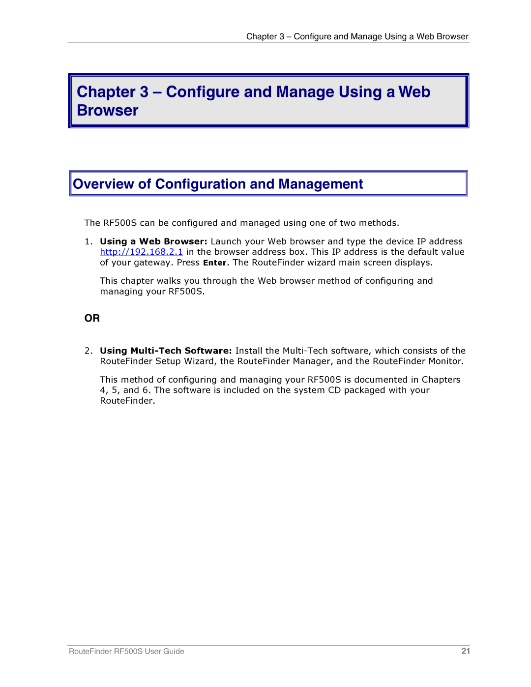 Multi-Tech Systems RF500S manual Configure and Manage Using a Web Browser, Overview of Configuration and Management 