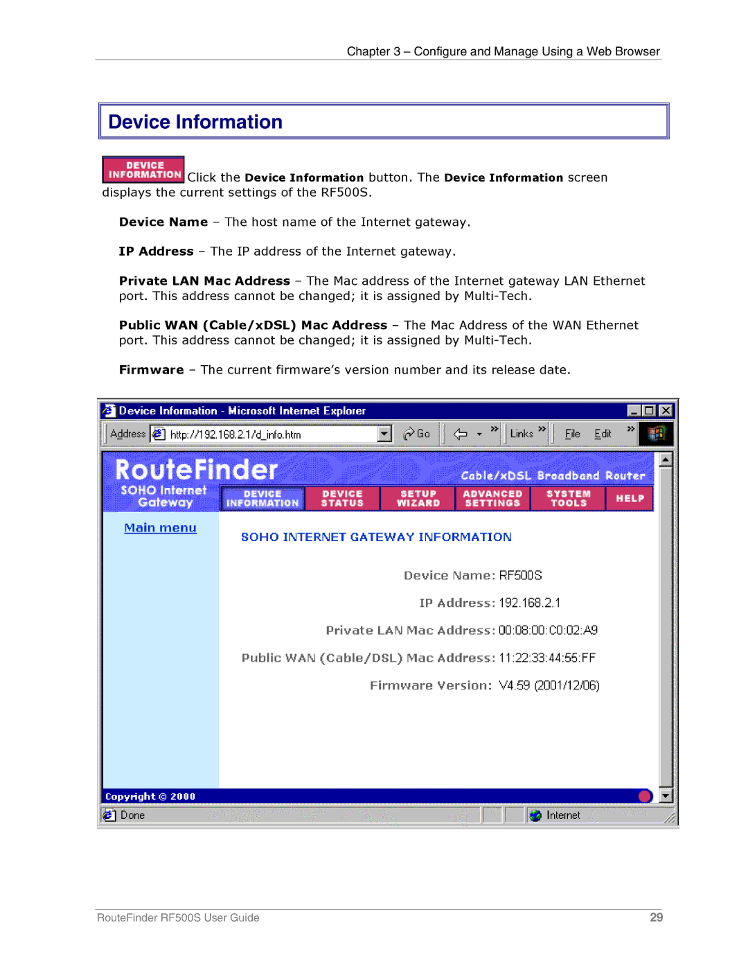 Multi-Tech Systems RF500S manual Device Information 