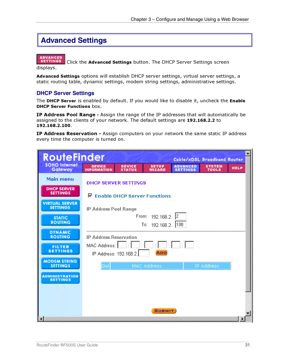 Multi-Tech Systems RF500S manual Advanced Settings, Dhcp Server Settings 