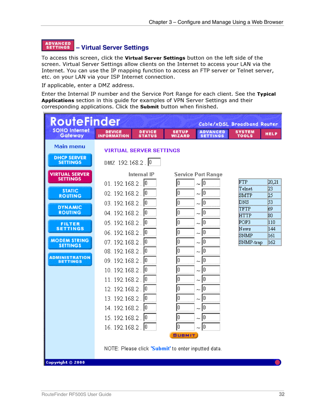 Multi-Tech Systems RF500S manual Virtual Server Settings 