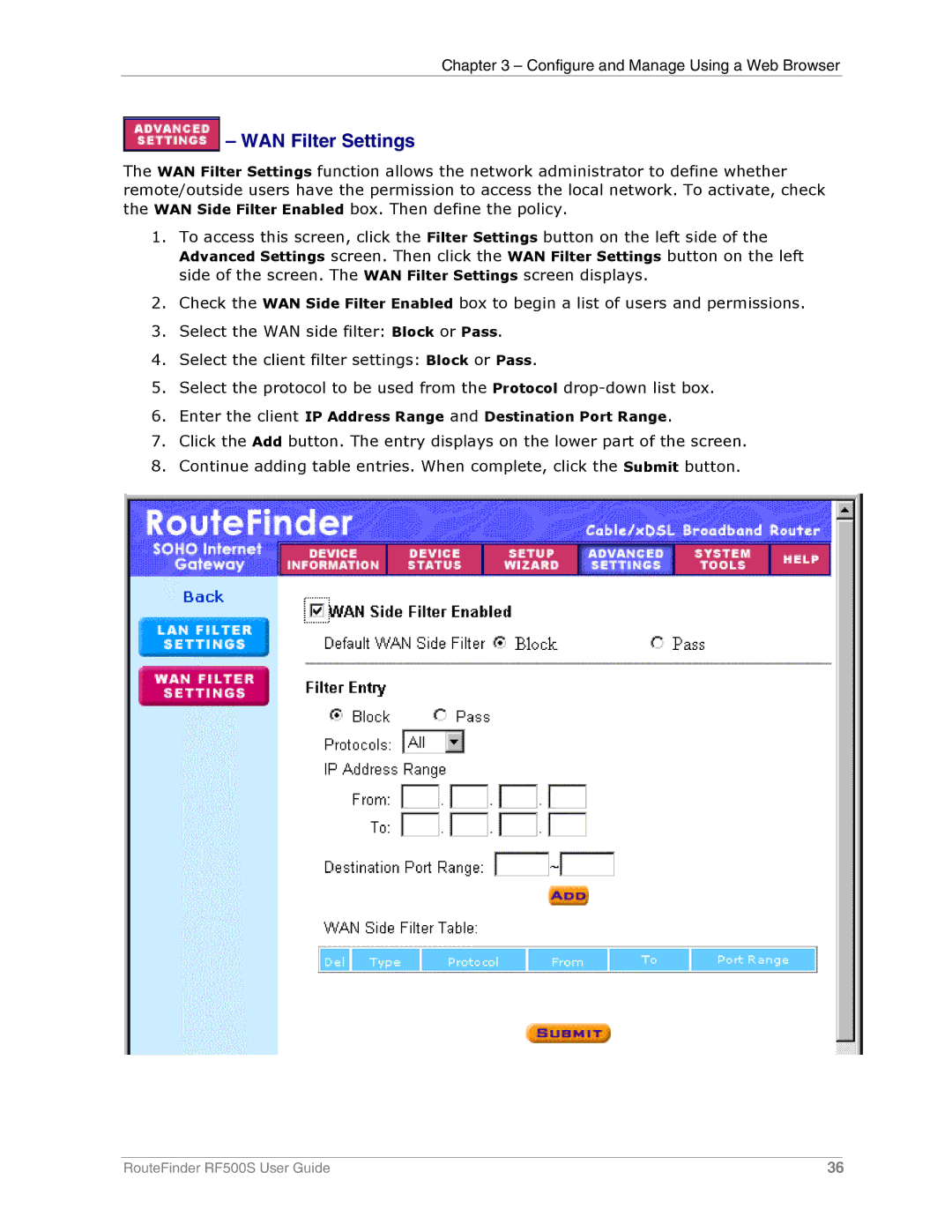 Multi-Tech Systems RF500S manual WAN Filter Settings 