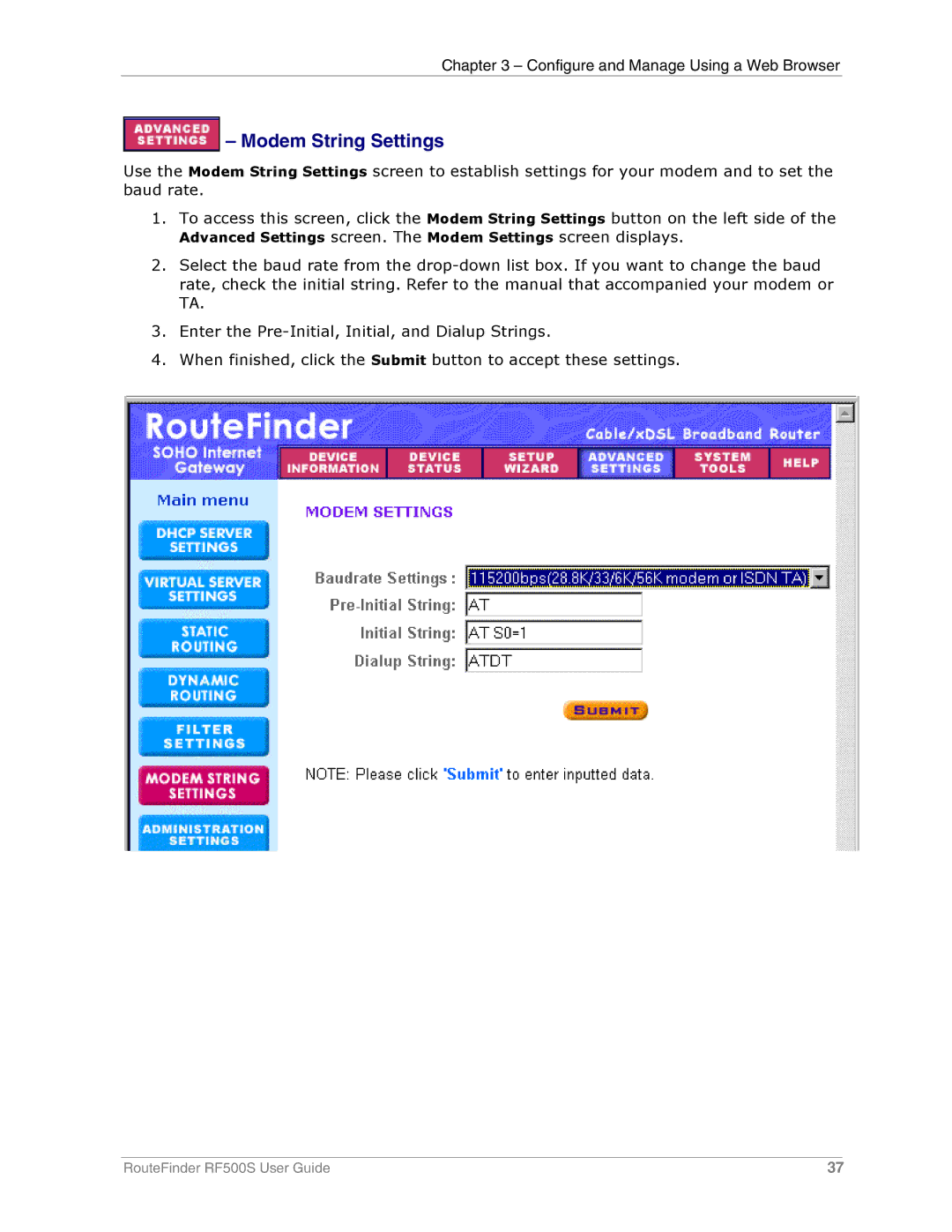 Multi-Tech Systems RF500S manual Modem String Settings 