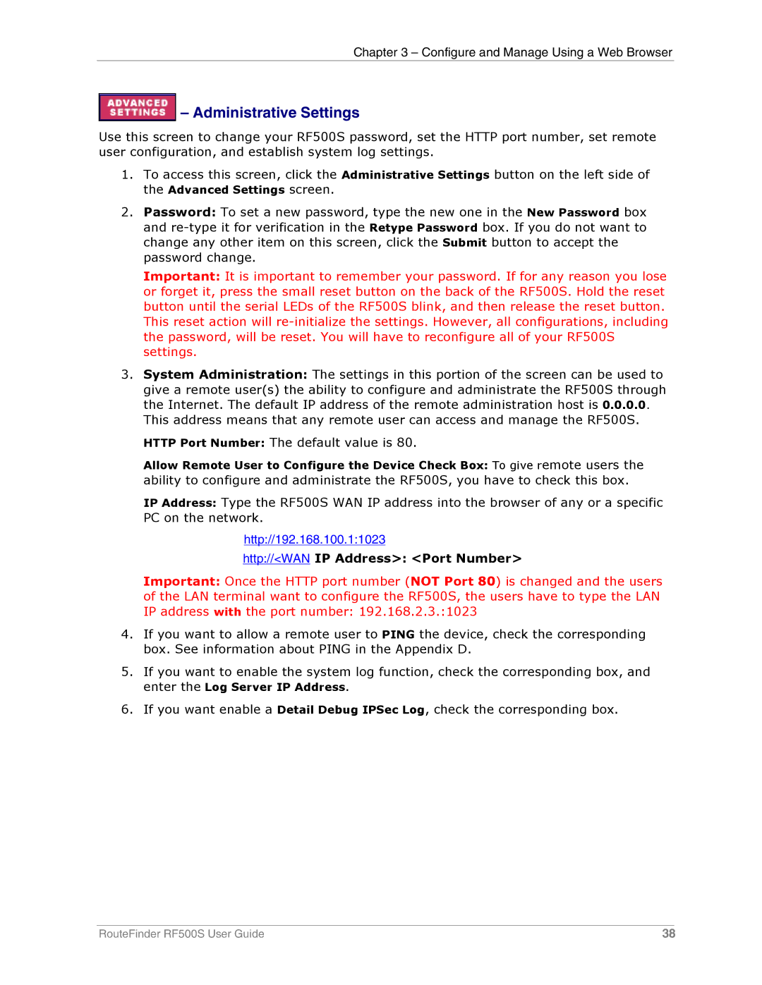 Multi-Tech Systems RF500S manual Administrative Settings, Http//WAN IP Address Port Number 