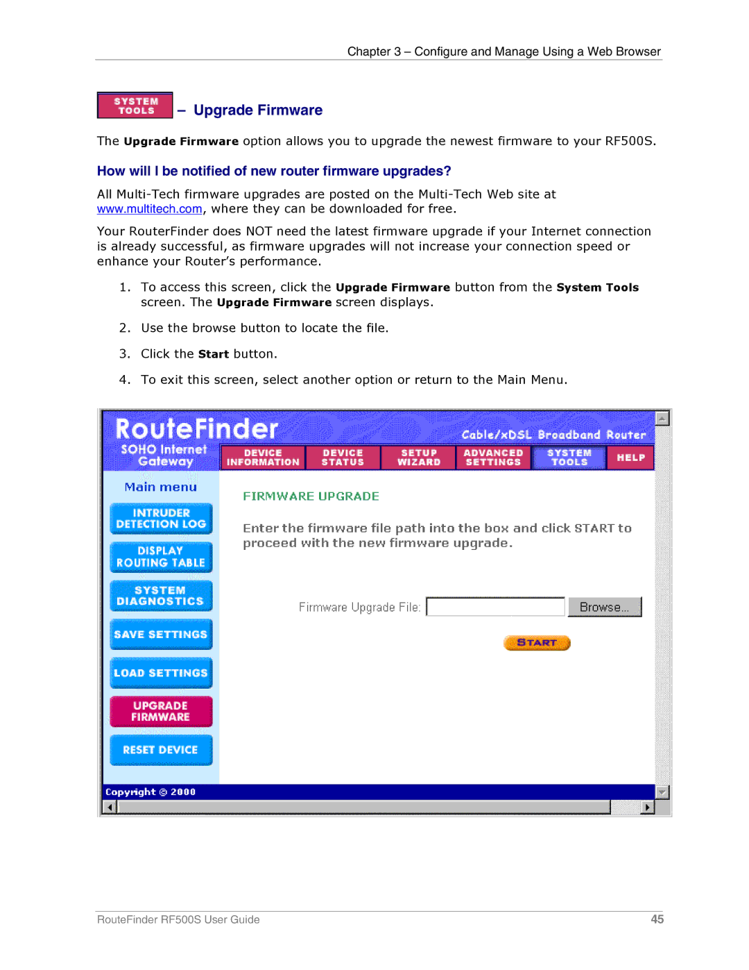 Multi-Tech Systems RF500S manual Upgrade Firmware, How will I be notified of new router firmware upgrades? 