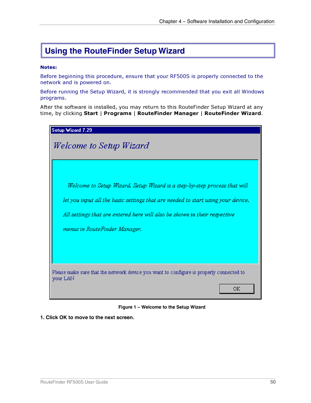 Multi-Tech Systems RF500S manual Using the RouteFinder Setup Wizard, Click OK to move to the next screen 