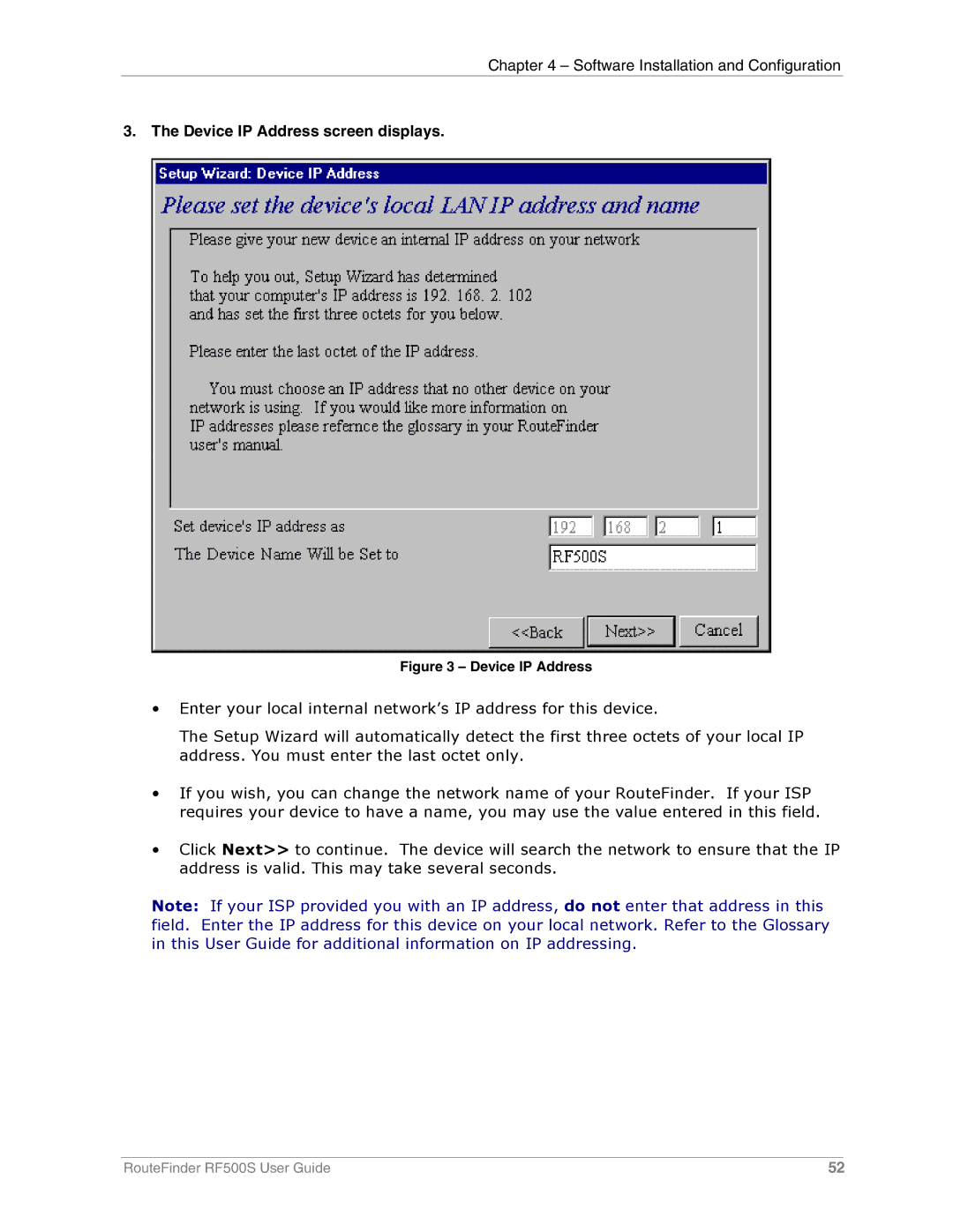 Multi-Tech Systems RF500S manual Device IP Address screen displays 