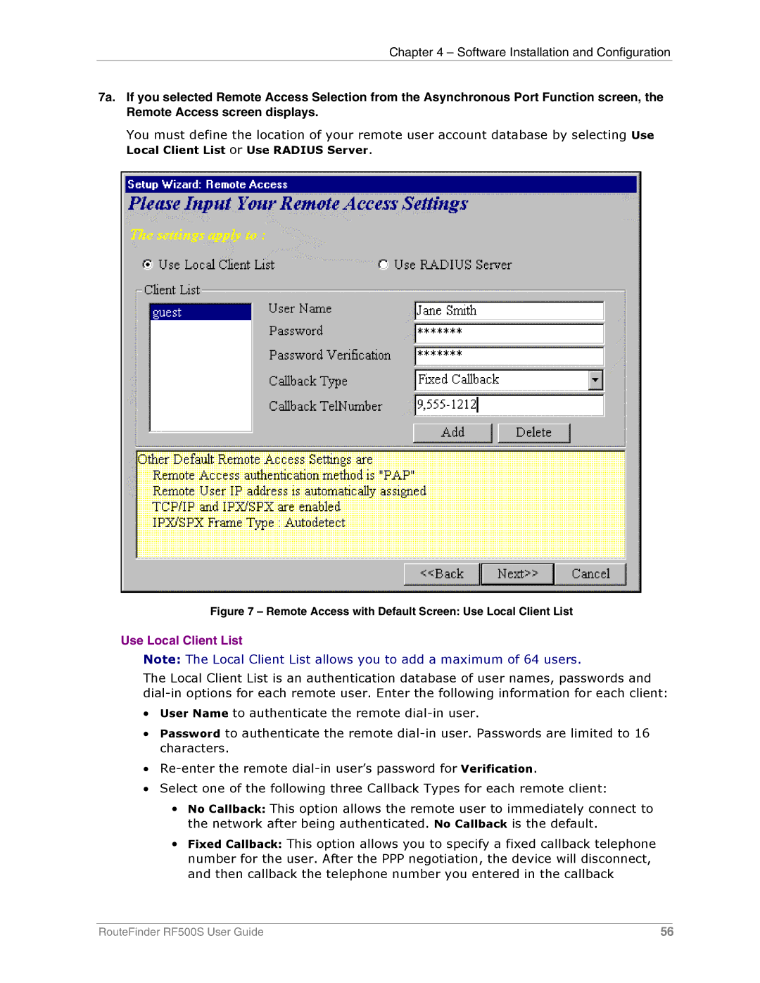 Multi-Tech Systems RF500S manual Use Local Client List 