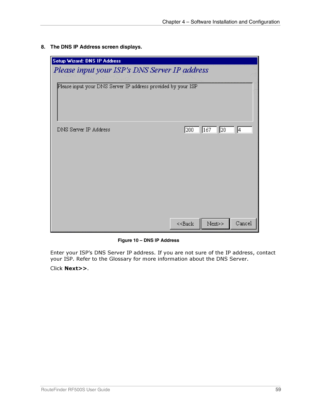 Multi-Tech Systems RF500S manual DNS IP Address screen displays 