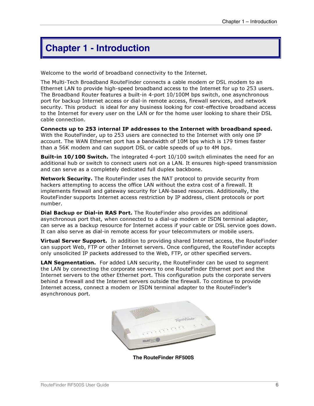 Multi-Tech Systems manual Introduction, RouteFinder RF500S 