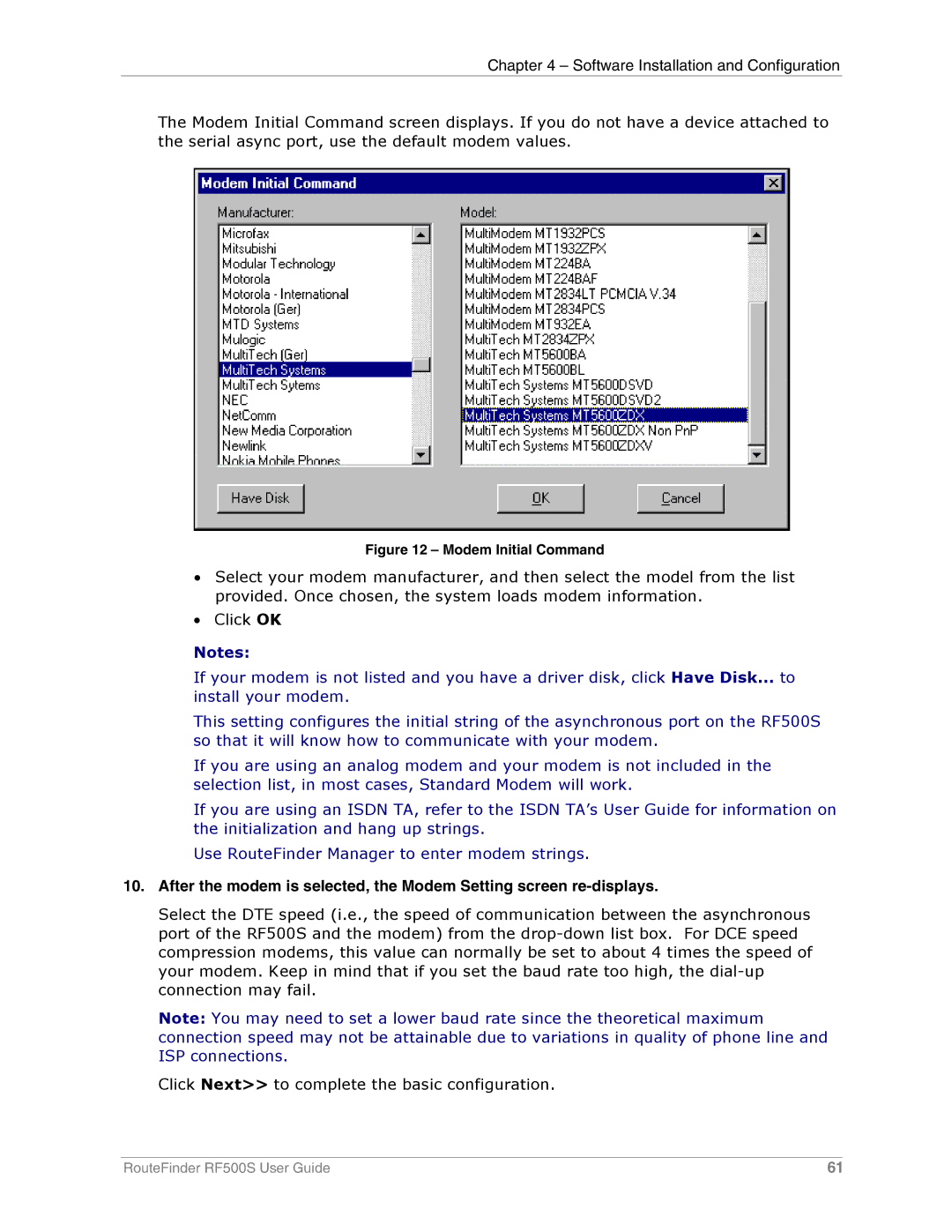 Multi-Tech Systems RF500S manual Modem Initial Command 