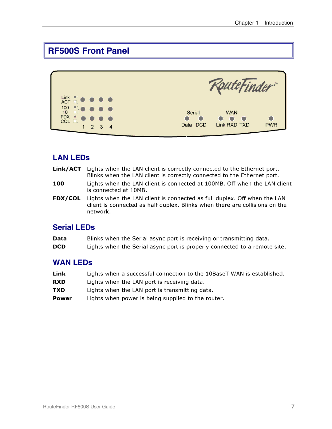 Multi-Tech Systems manual RF500S Front Panel, LAN LEDs 