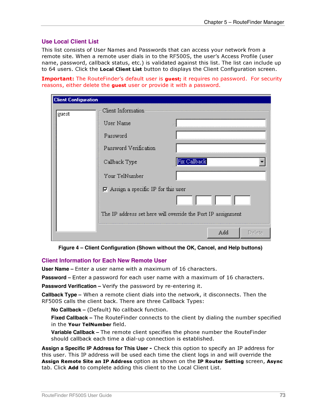 Multi-Tech Systems RF500S manual Use Local Client List 