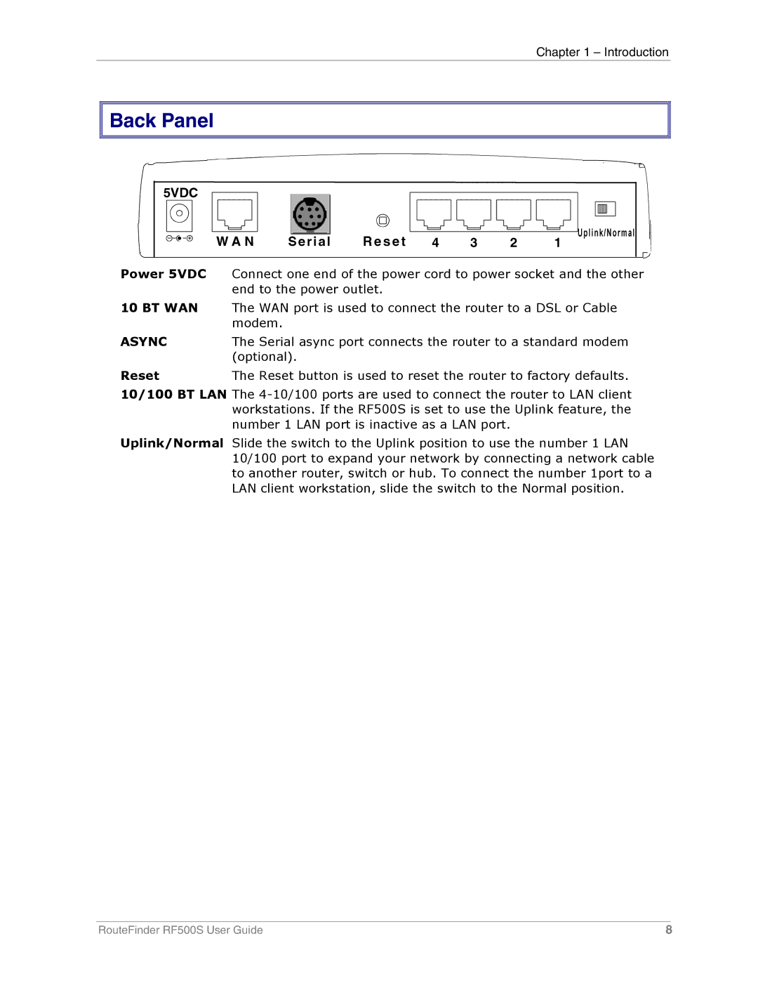 Multi-Tech Systems RF500S manual Back Panel, Async 