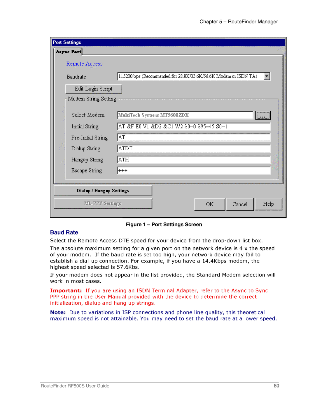 Multi-Tech Systems RF500S manual Baud Rate, Port Settings Screen 