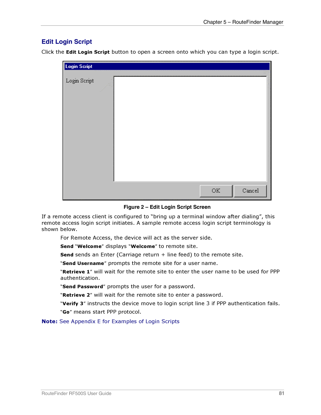 Multi-Tech Systems RF500S manual Edit Login Script Screen 