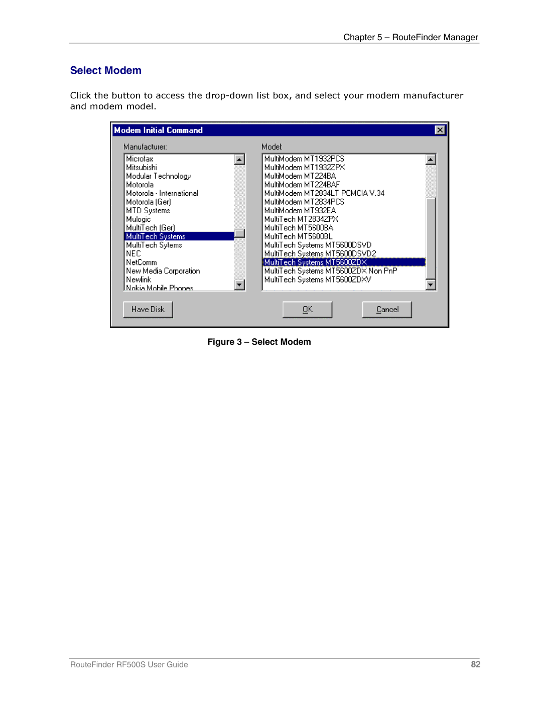 Multi-Tech Systems RF500S manual Select Modem 