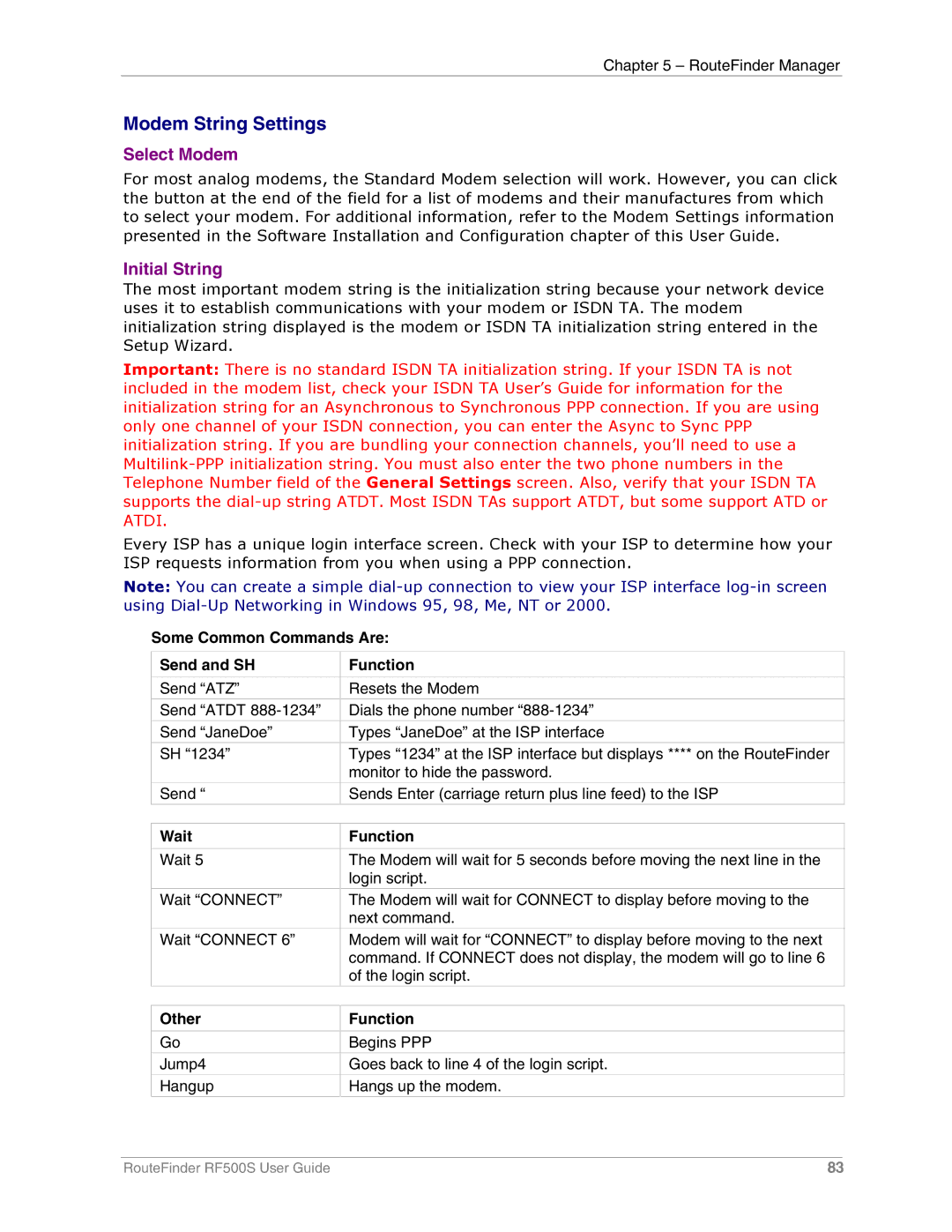 Multi-Tech Systems RF500S manual Some Common Commands Are Send and SH Function, Wait Function, Other Function 