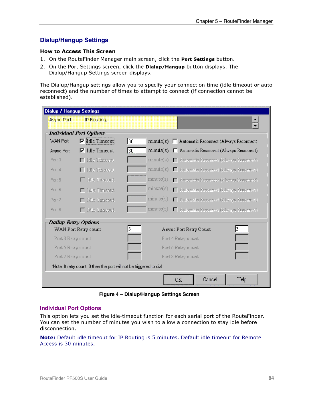 Multi-Tech Systems RF500S manual Dialup/Hangup Settings Screen 