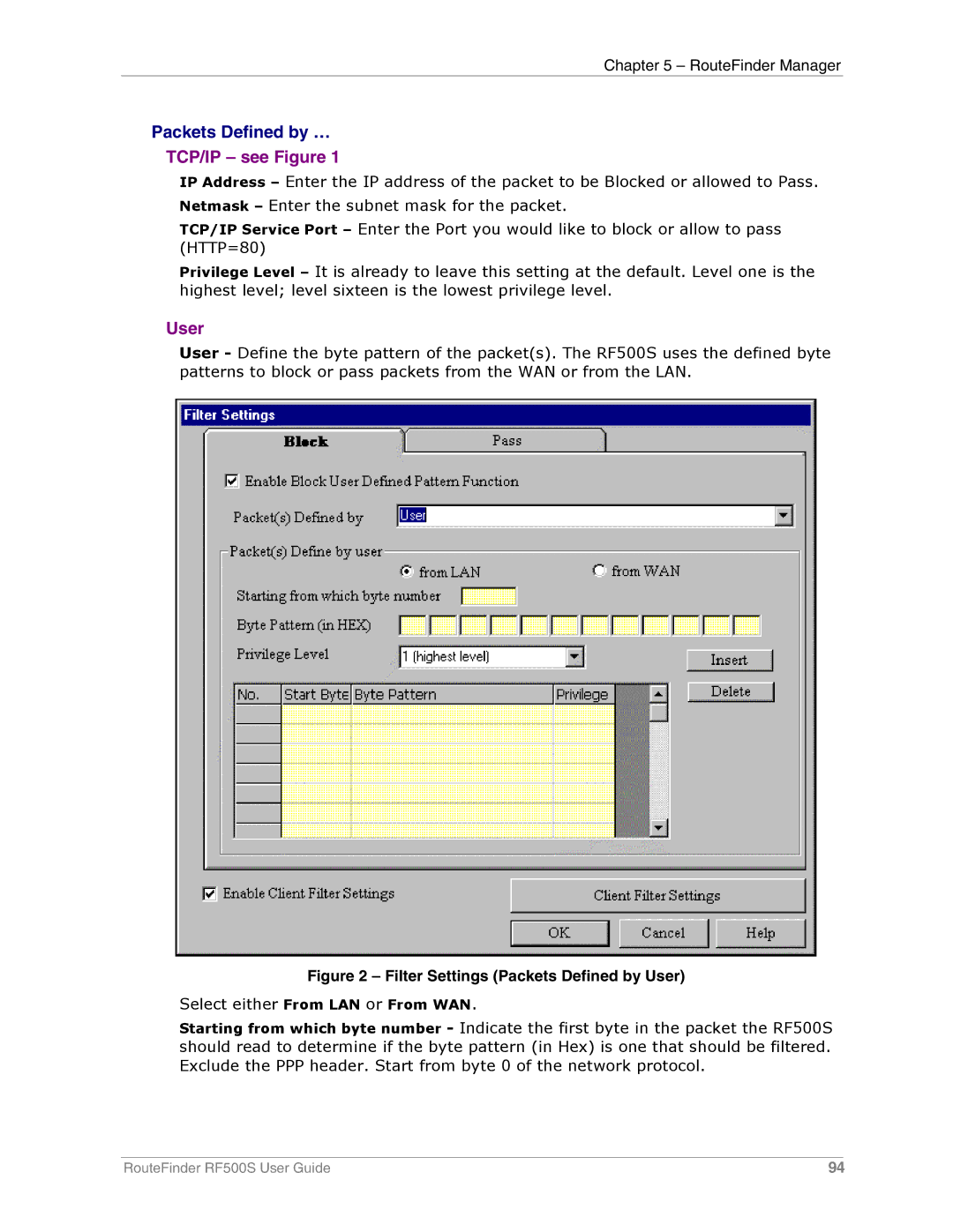 Multi-Tech Systems RF500S manual Packets Defined by …, Filter Settings Packets Defined by User 