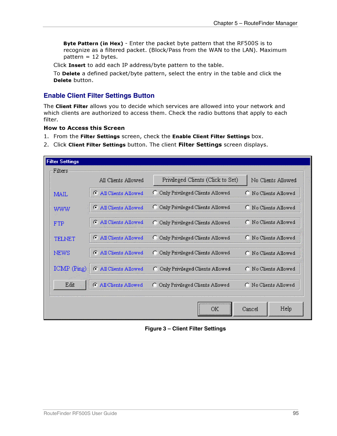 Multi-Tech Systems RF500S manual Enable Client Filter Settings Button 