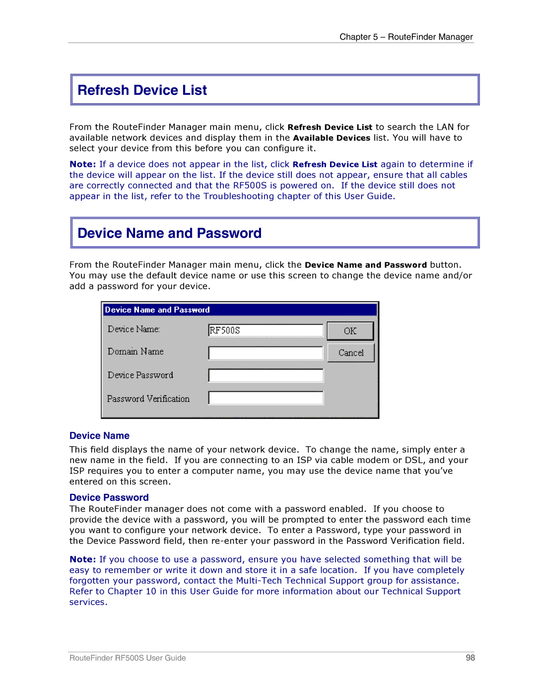 Multi-Tech Systems RF500S manual Refresh Device List, Device Name and Password, Device Password 