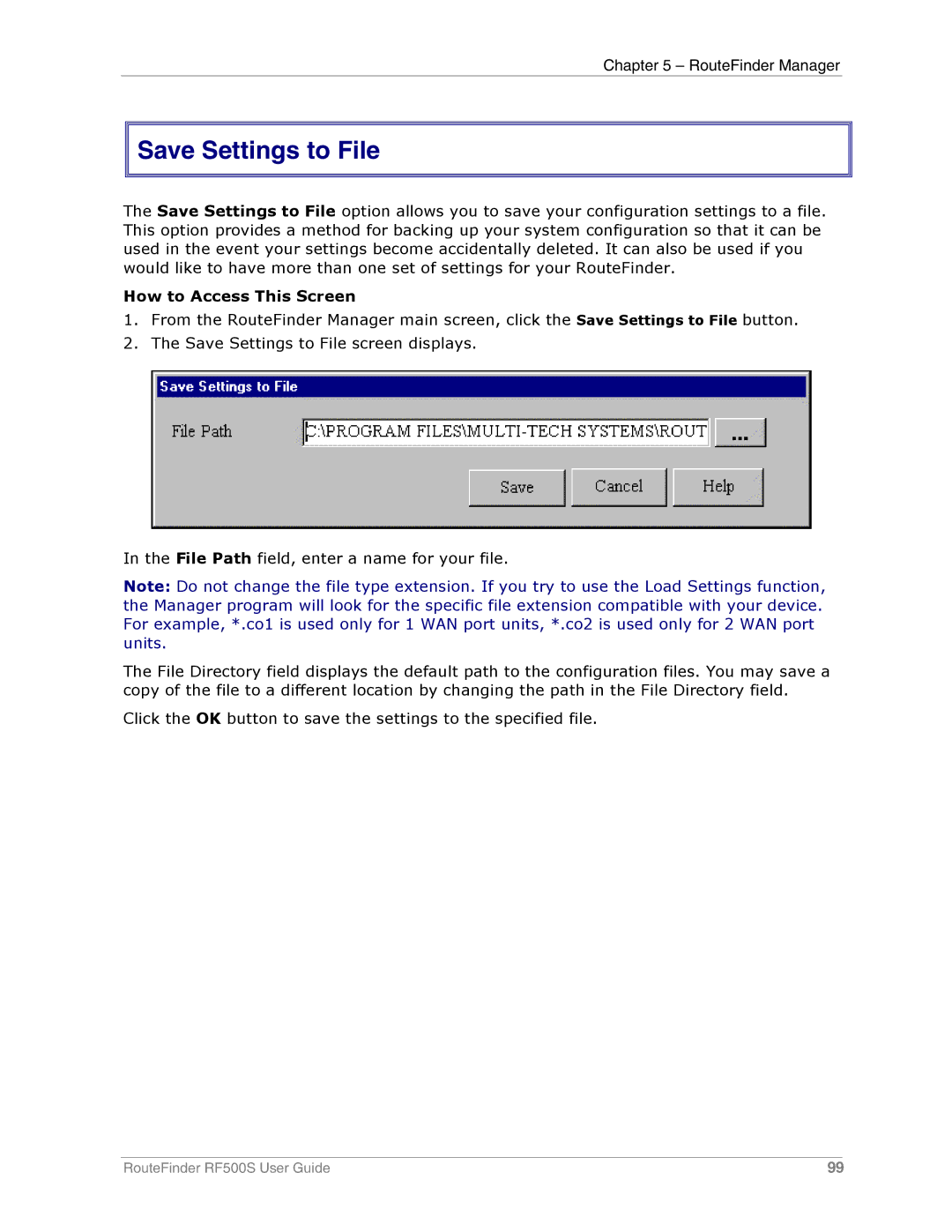 Multi-Tech Systems RF500S manual Save Settings to File 