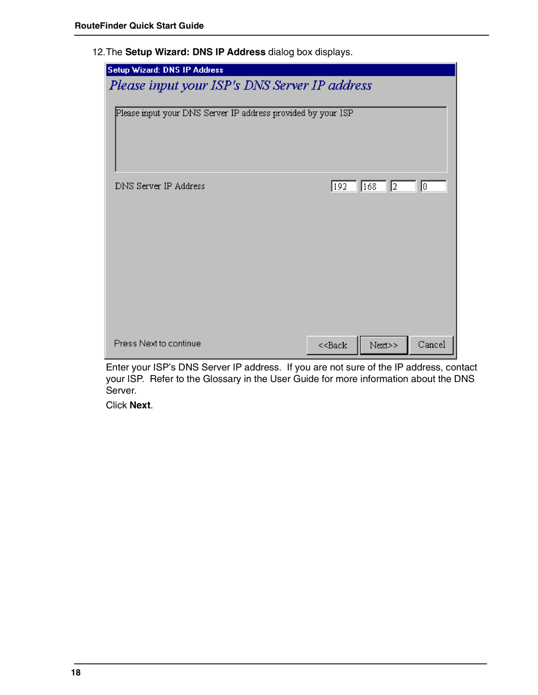 Multi-Tech Systems RF802EW quick start Setup Wizard DNS IP Address dialog box displays 