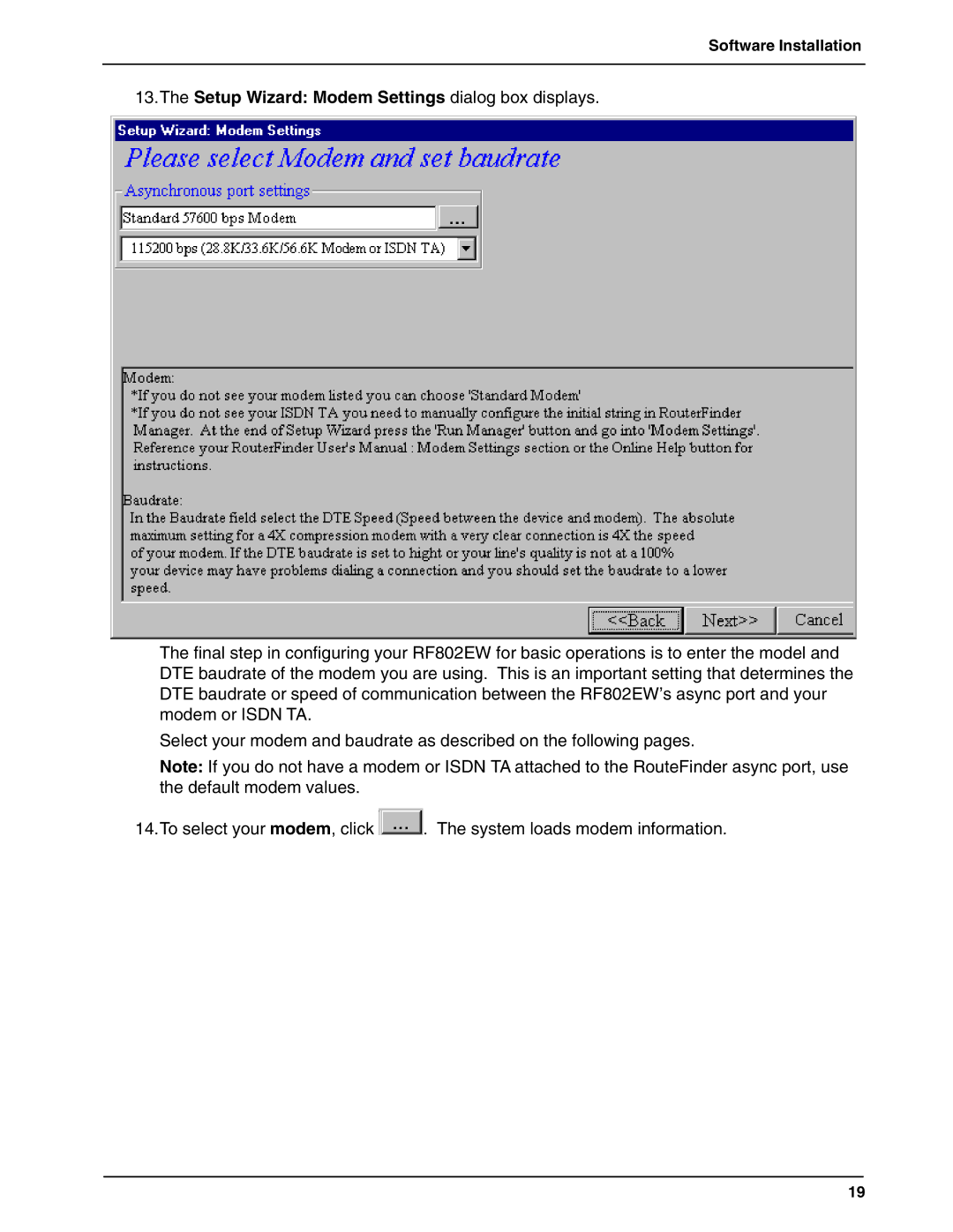 Multi-Tech Systems RF802EW quick start Setup Wizard Modem Settings dialog box displays 