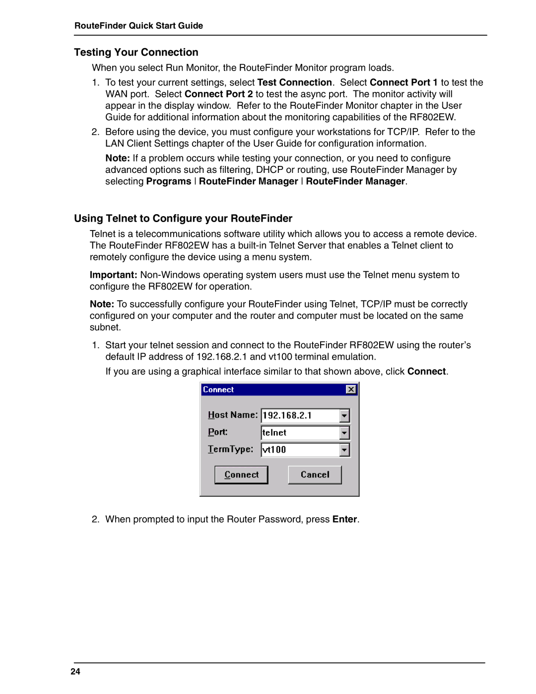 Multi-Tech Systems RF802EW quick start Testing Your Connection, Using Telnet to Configure your RouteFinder 