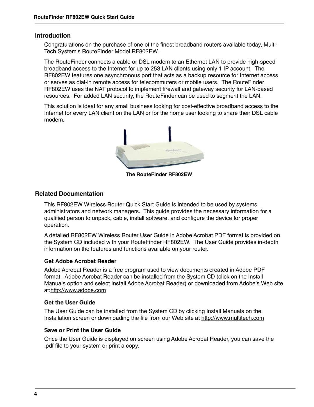 Multi-Tech Systems RF802EW quick start Introduction, Related Documentation 