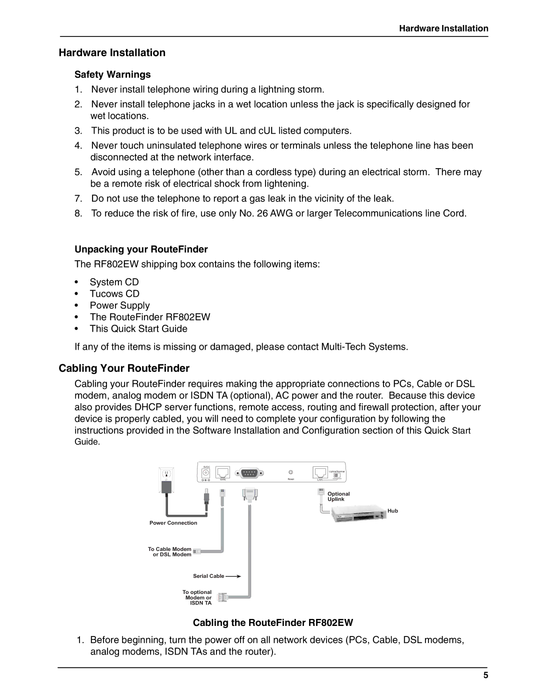 Multi-Tech Systems RF802EW Hardware Installation, Cabling Your RouteFinder, Safety Warnings, Unpacking your RouteFinder 