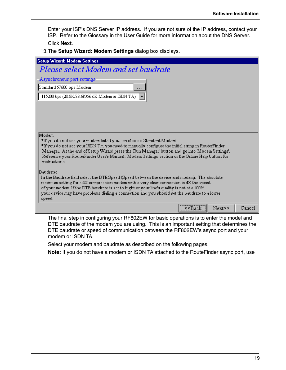 Multi-Tech Systems RF802EW quick start Setup Wizard Modem Settings dialog box displays 