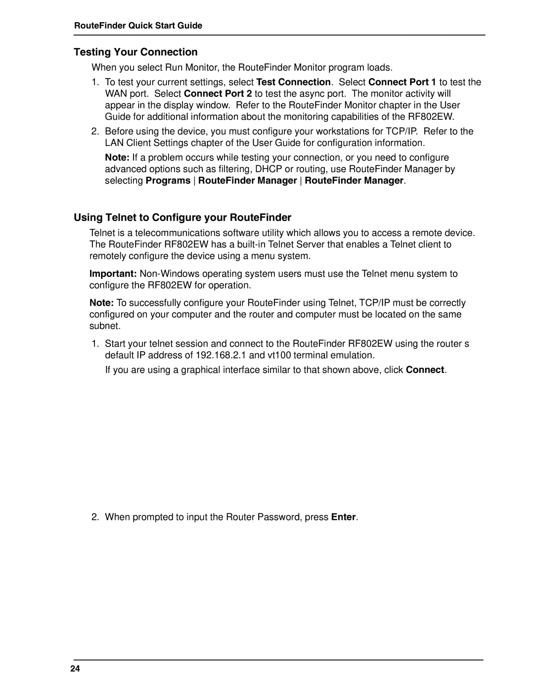 Multi-Tech Systems RF802EW quick start Testing Your Connection, Using Telnet to Configure your RouteFinder 