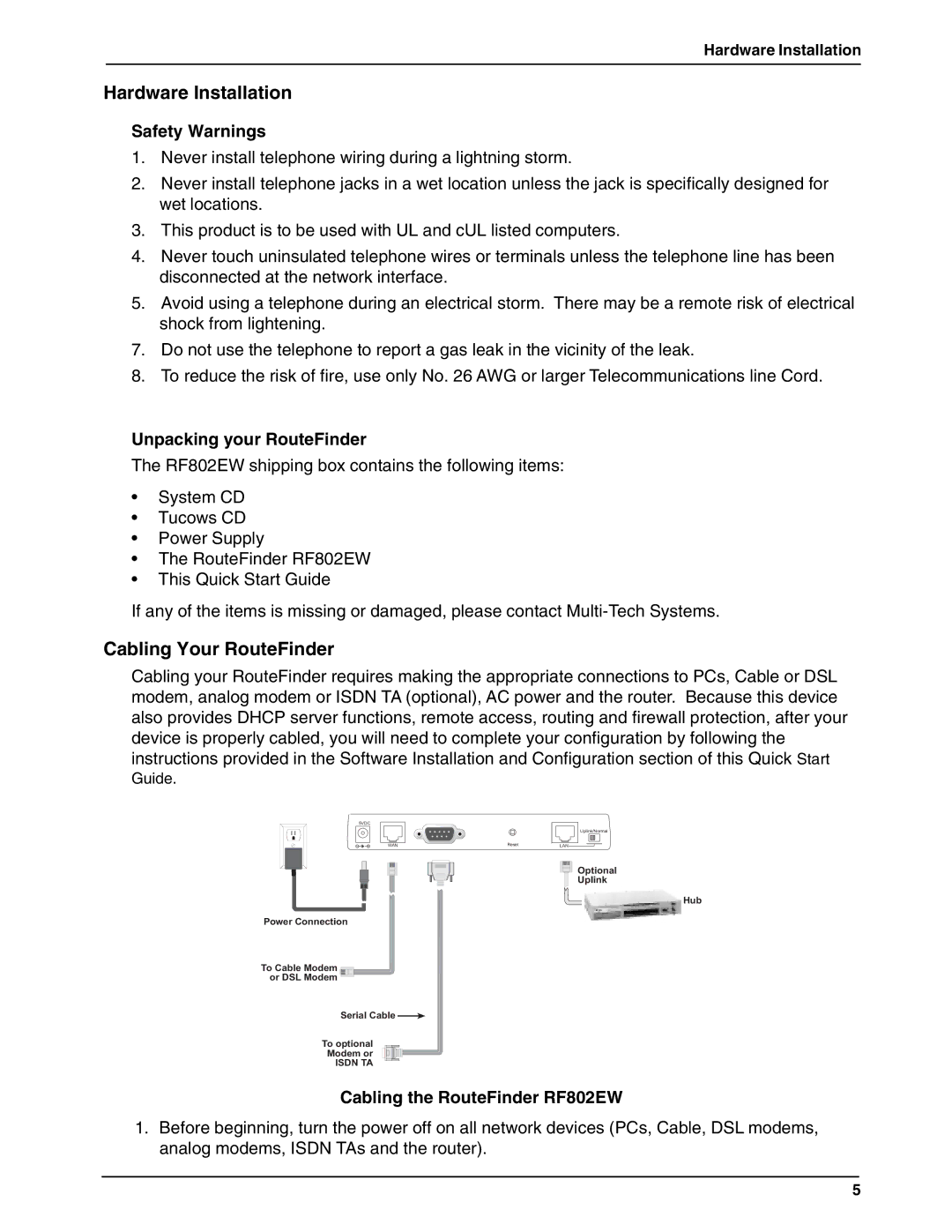 Multi-Tech Systems RF802EW Hardware Installation, Cabling Your RouteFinder, Safety Warnings, Unpacking your RouteFinder 