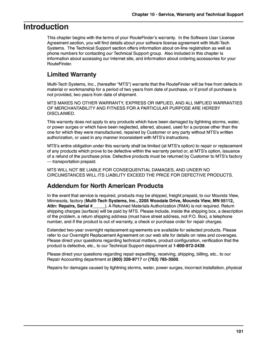 Multi-Tech Systems RF802EW Limited Warranty, Addendum for North American Products, Service, Warranty and Technical Support 