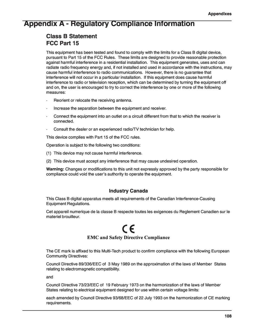 Multi-Tech Systems RF802EW Appendix A - Regulatory Compliance Information, Class B Statement FCC Part, Industry Canada 