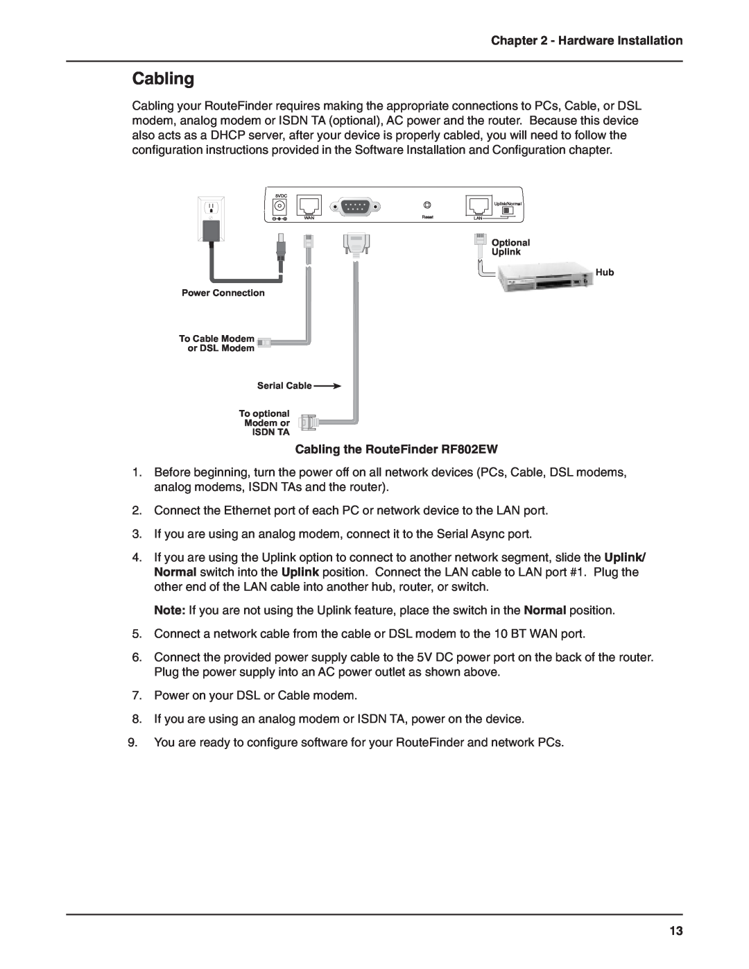 Multi-Tech Systems manual Cabling the RouteFinder RF802EW, Hardware Installation 