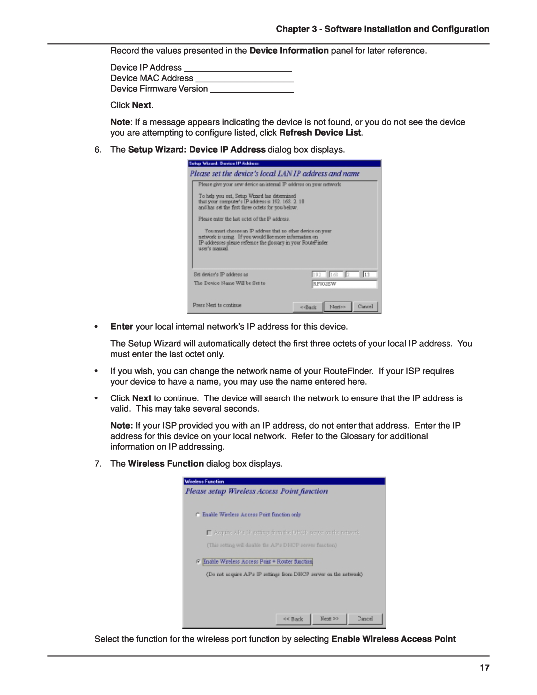 Multi-Tech Systems RF802EW The Setup Wizard Device IP Address dialog box displays, Software Installation and Configuration 