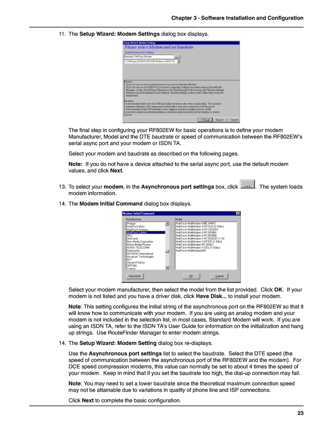 Multi-Tech Systems RF802EW The Setup Wizard Modem Settings dialog box displays, Software Installation and Configuration 