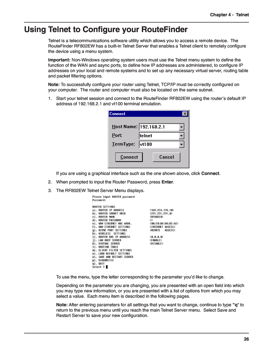 Multi-Tech Systems RF802EW manual Using Telnet to Configure your RouteFinder 