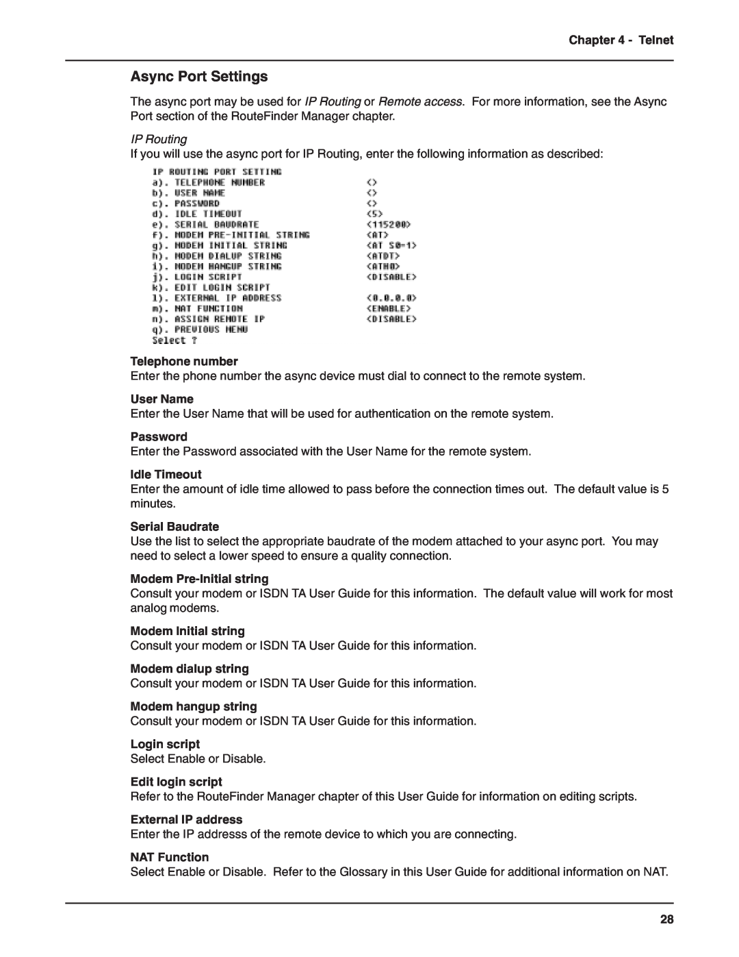 Multi-Tech Systems RF802EW Async Port Settings, Telephone number, Idle Timeout, Serial Baudrate, Modem Pre-Initial string 