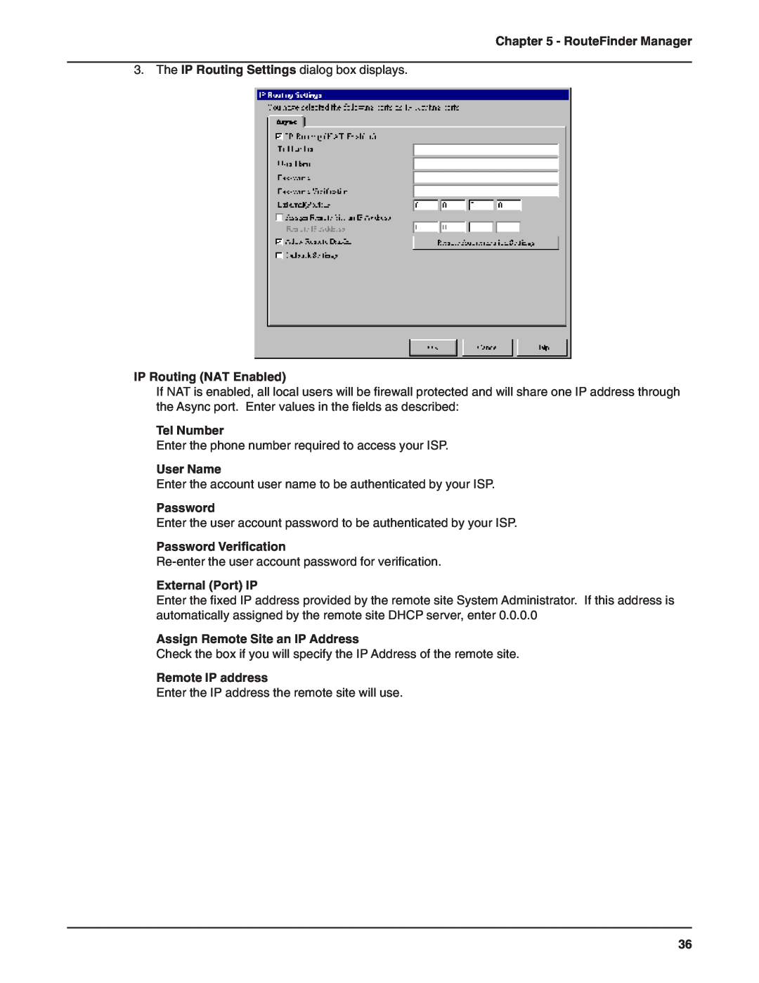 Multi-Tech Systems RF802EW manual IP Routing NAT Enabled, Tel Number, External Port IP, Assign Remote Site an IP Address 