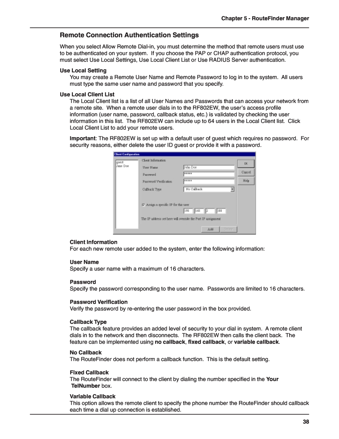 Multi-Tech Systems RF802EW Remote Connection Authentication Settings, Use Local Setting, Client Information, No Callback 