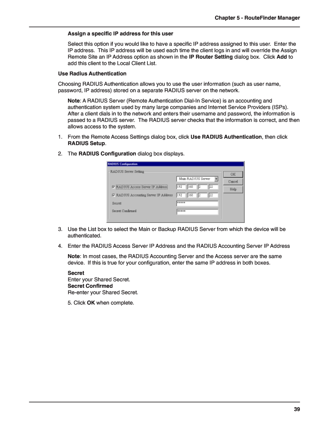 Multi-Tech Systems RF802EW Assign a specific IP address for this user, Use Radius Authentication, RouteFinder Manager 