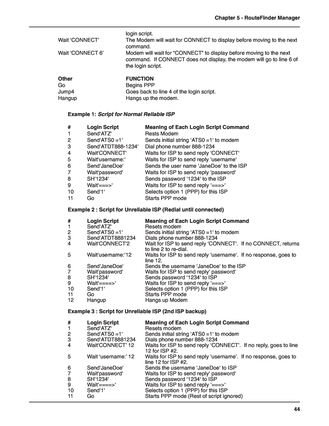 Multi-Tech Systems RF802EW Other, Example 1 Script for Normal Reliable ISP, # Login Script, RouteFinder Manager, Function 