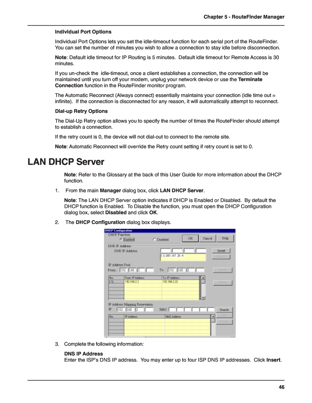 Multi-Tech Systems RF802EW manual LAN DHCP Server, RouteFinder Manager Individual Port Options, Dial-up Retry Options 