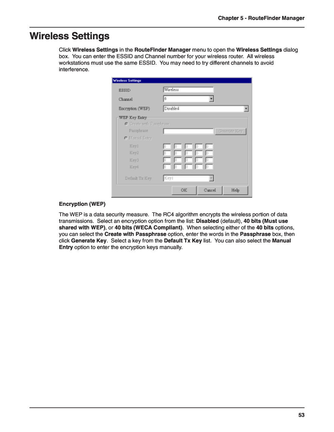 Multi-Tech Systems RF802EW manual Wireless Settings, Encryption WEP, RouteFinder Manager 