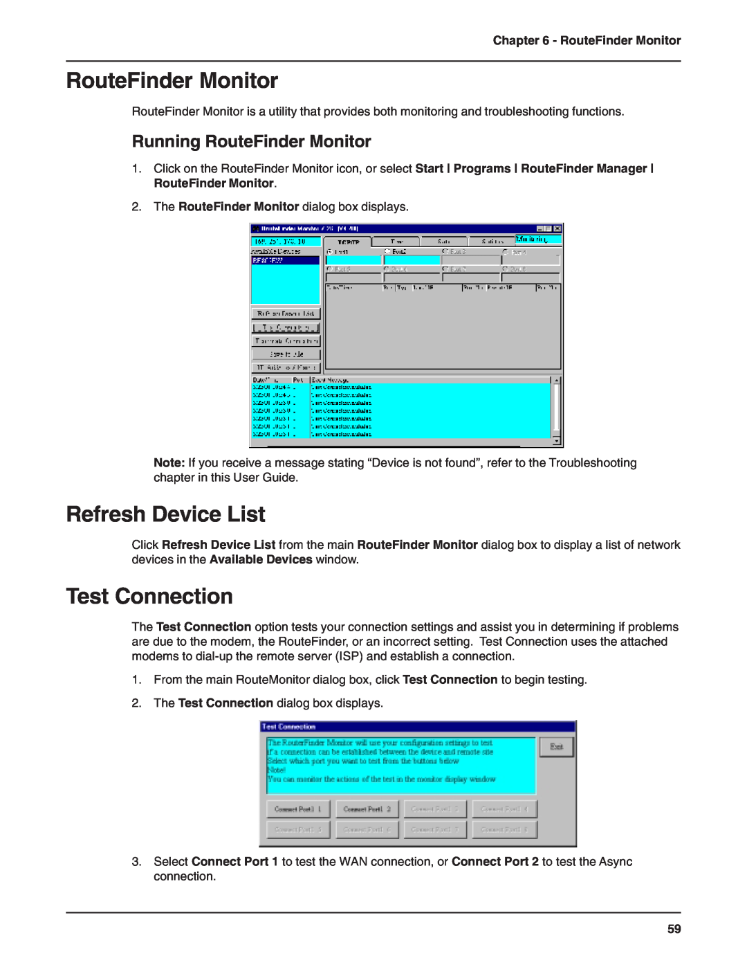 Multi-Tech Systems RF802EW manual Test Connection, Running RouteFinder Monitor, Refresh Device List 