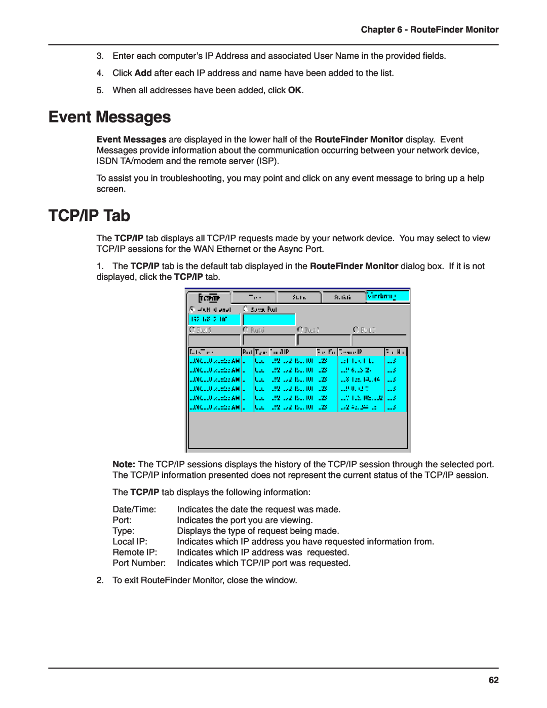 Multi-Tech Systems RF802EW manual Event Messages, TCP/IP Tab, RouteFinder Monitor 